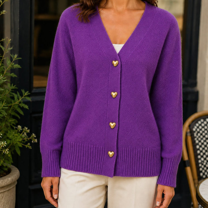 Women's Relaxed V-Neck Gold Heart-Button Knitwear Cardigan - Purple