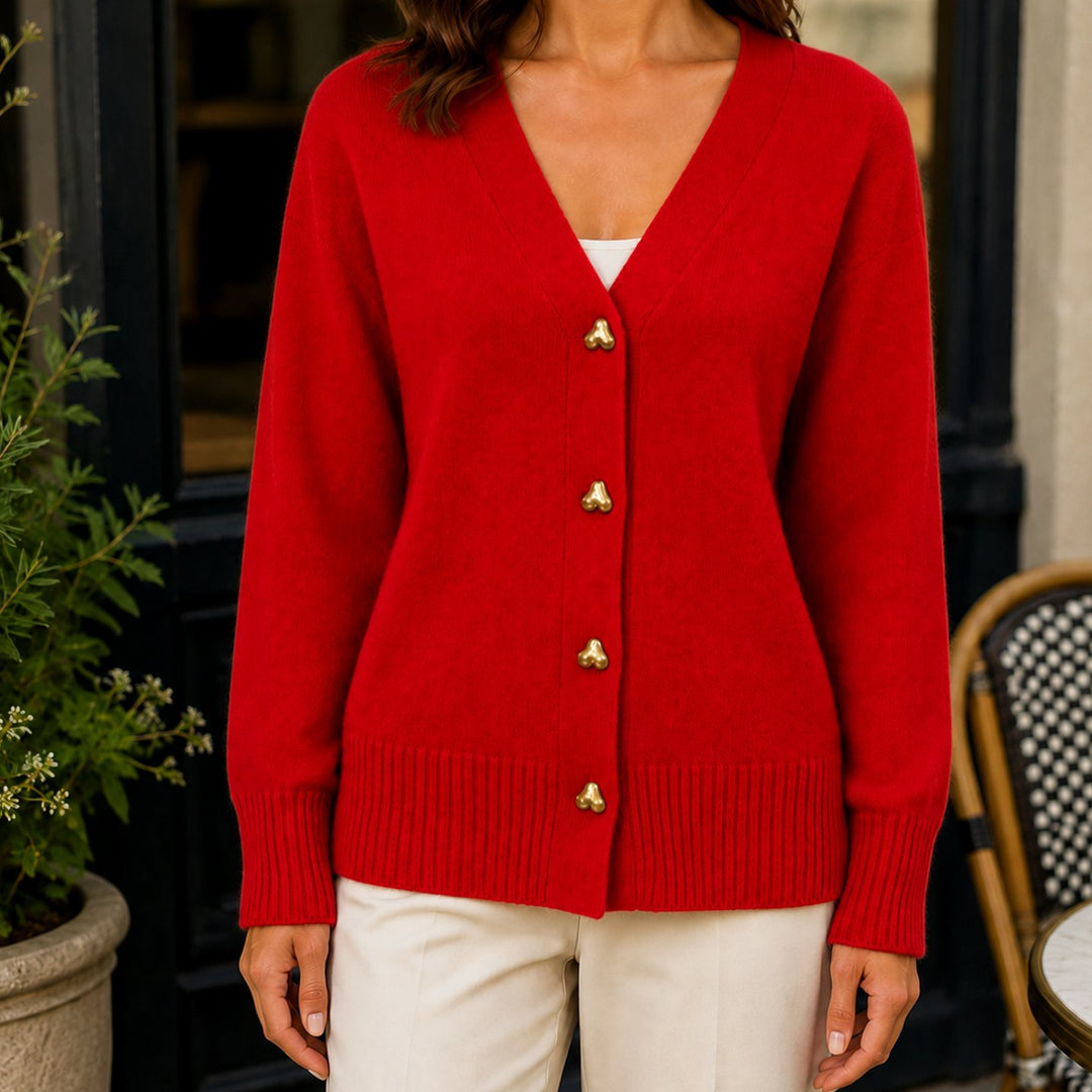 Women's Relaxed V-Neck Gold Heart-Button Knitwear Cardigan - Red