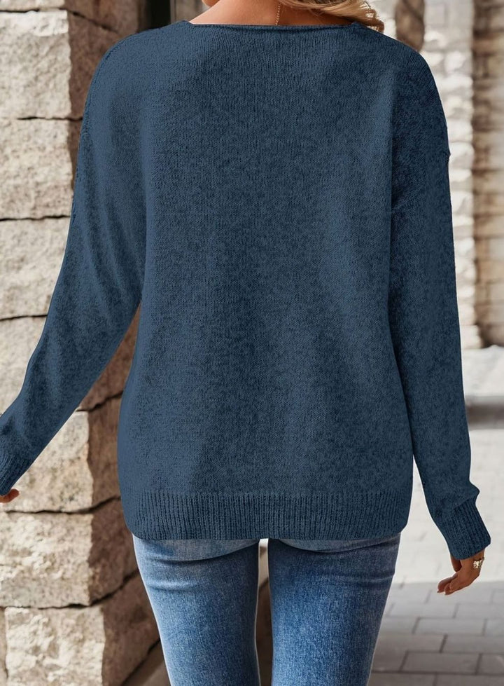 Women's Relaxed V-Neck Pointelle Knit Long-Sleeve Sweater