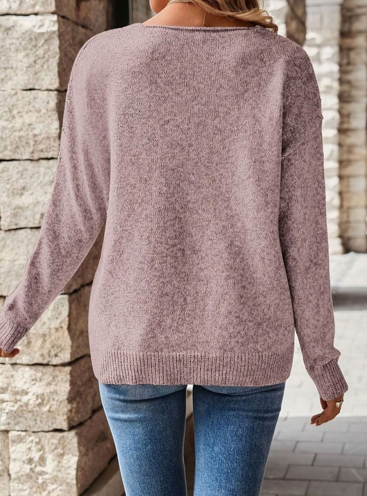 Women's Relaxed V-Neck Pointelle Knit Long-Sleeve Sweater