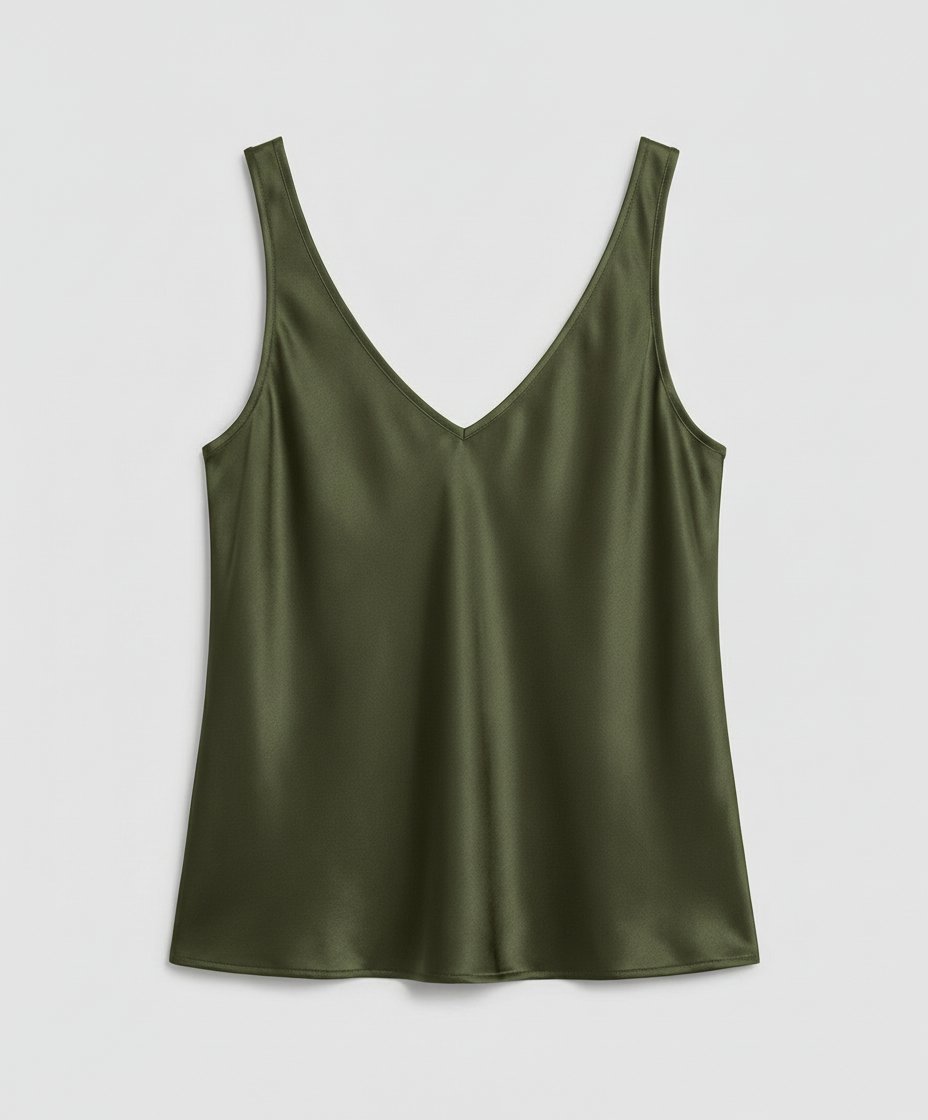 Women's Relaxed V-Neck Wide-Strap Satin Camisole Top - Army Green