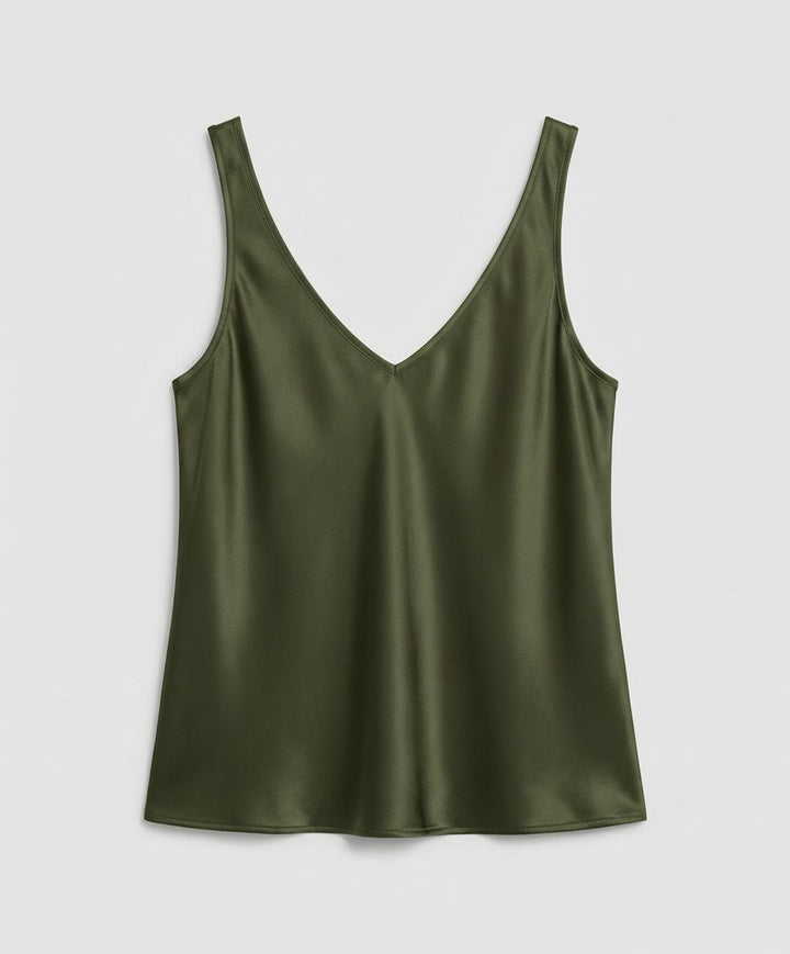 Women's Relaxed V-Neck Wide-Strap Satin Camisole Top - Army Green