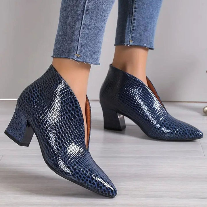 Women's Reptile-Textured V-Cut Pointed-Toe Block Heel Ankle Boots - Royal Blue