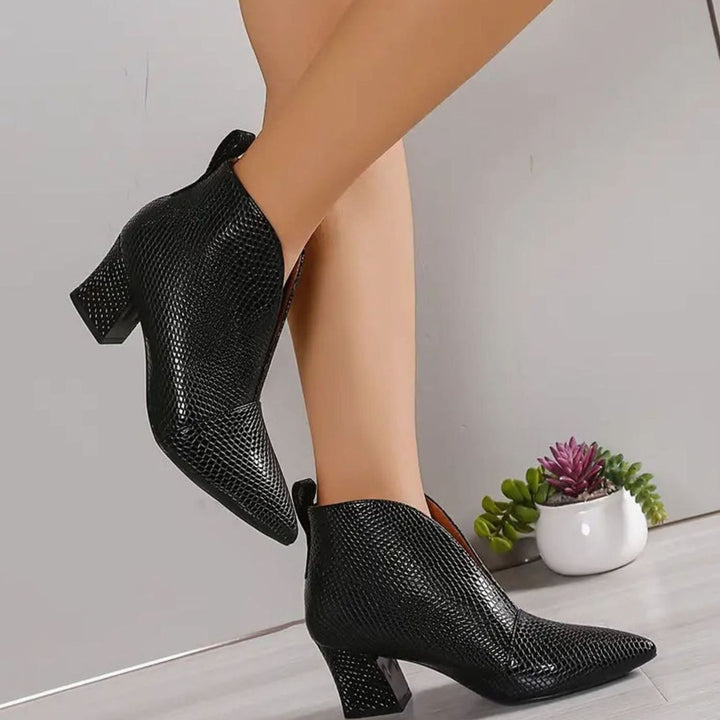 Women's Reptile-Textured V-Cut Pointed-Toe Block Heel Ankle Boots