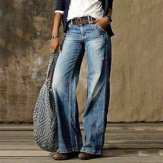 Women's Retro High-Waist Wide-Leg Cotton Denim Jeans - Light blue