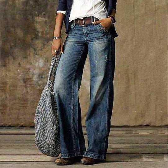 Women's Retro High-Waist Wide-Leg Cotton Denim Jeans - Blue