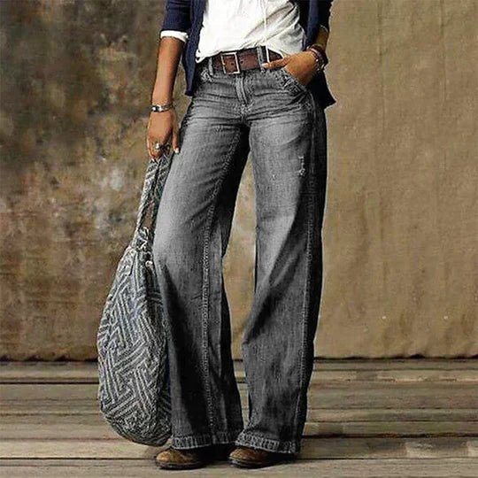 Women's Retro High-Waist Wide-Leg Cotton Denim Jeans - Light gray