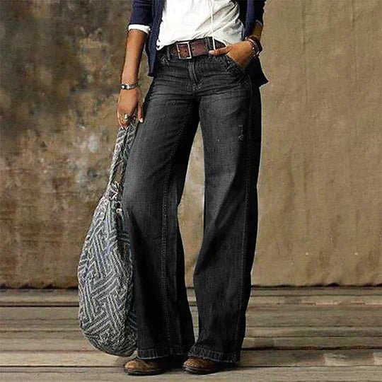 Women's Retro High-Waist Wide-Leg Cotton Denim Jeans - Black