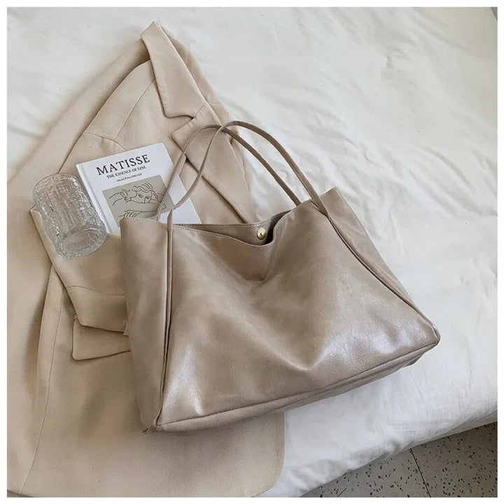 Women's Retro Large-Capacity Faux Leather Shoulder Tote Bag - Beige