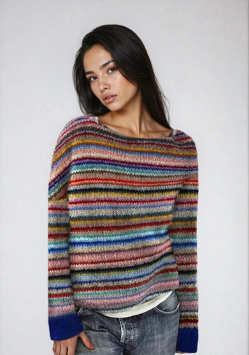Women's Retro Multicolor Striped Relaxed-Fit Knit Sweater