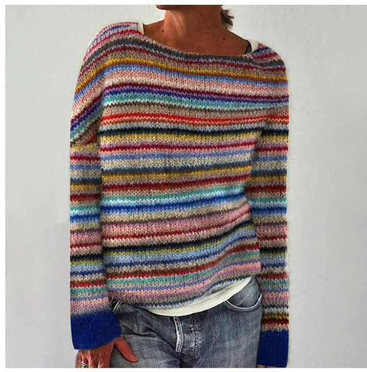 Women's Retro Multicolor Striped Relaxed-Fit Knit Sweater - Multicolor1