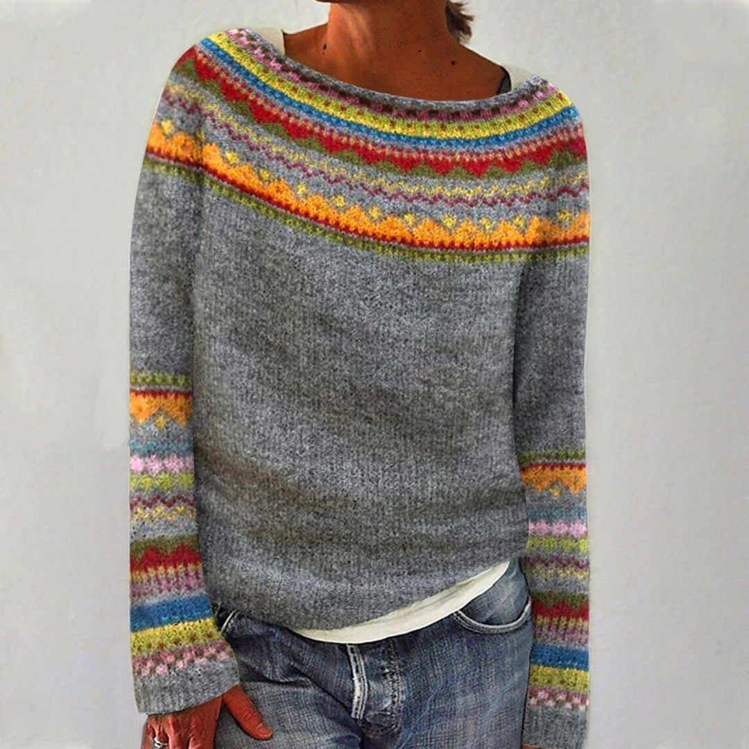 Women's Retro Multicolor Striped Relaxed-Fit Knit Sweater - Grey/Coloured