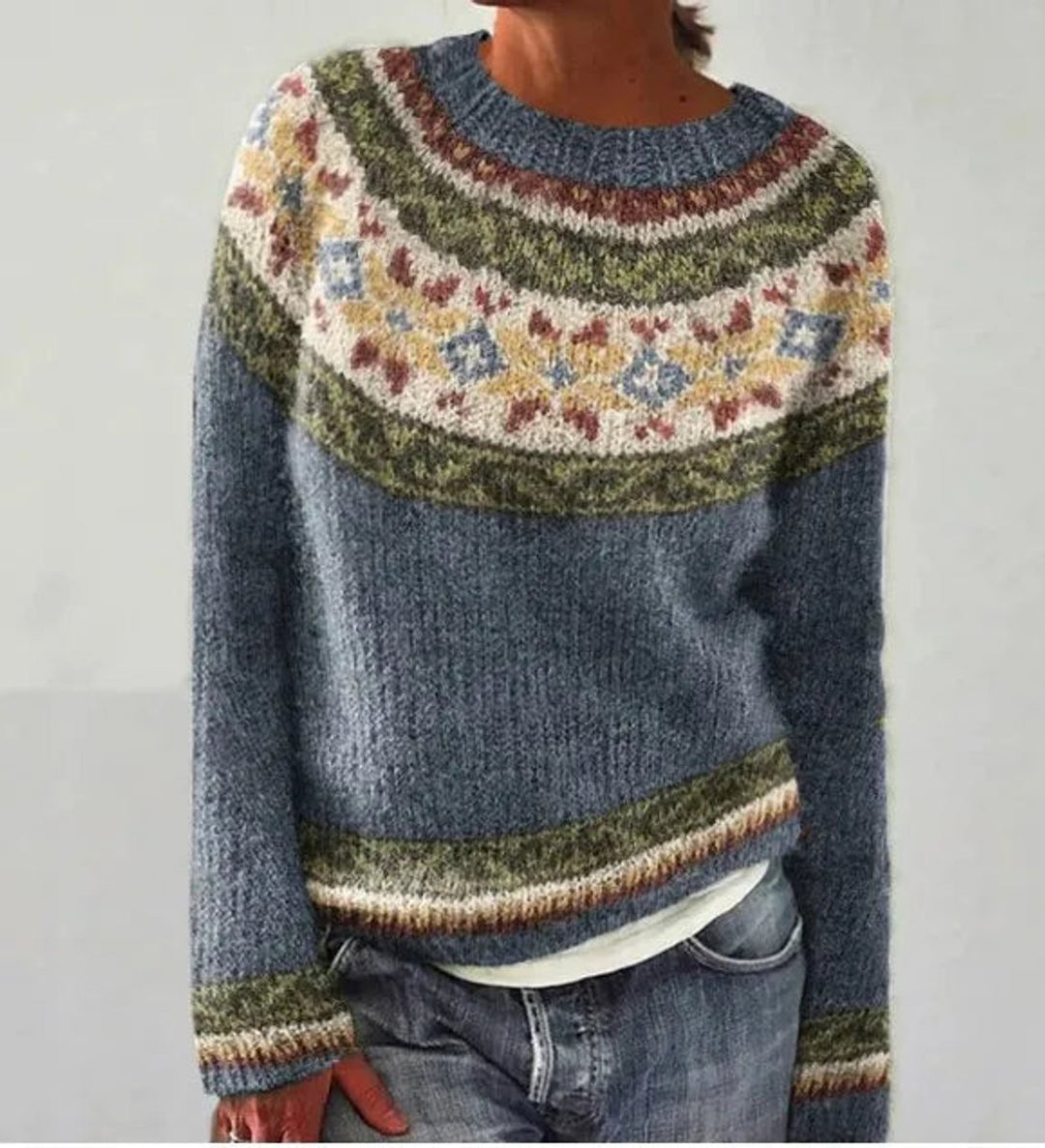 Women's Retro Multicolor Striped Relaxed-Fit Knit Sweater - Grey/Stars