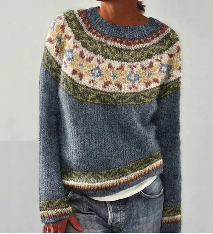 Women's Retro Multicolor Striped Relaxed-Fit Knit Sweater - Grey/Stars