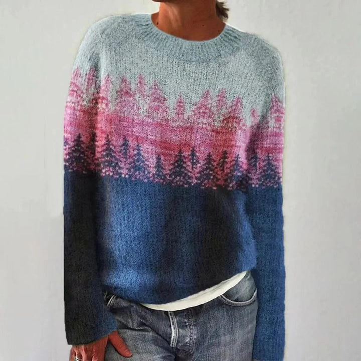 Women's Retro Multicolor Striped Relaxed-Fit Knit Sweater - Blue