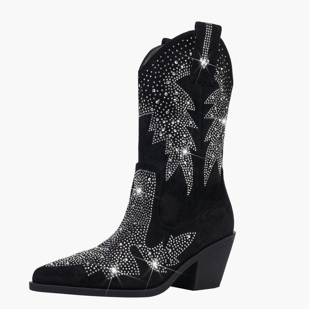 Women's Rhinestone Embellished Mid-Calf Cowboy Boots - Black