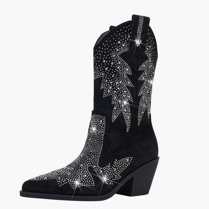 Women's Rhinestone Embellished Mid-Calf Cowboy Boots - Black