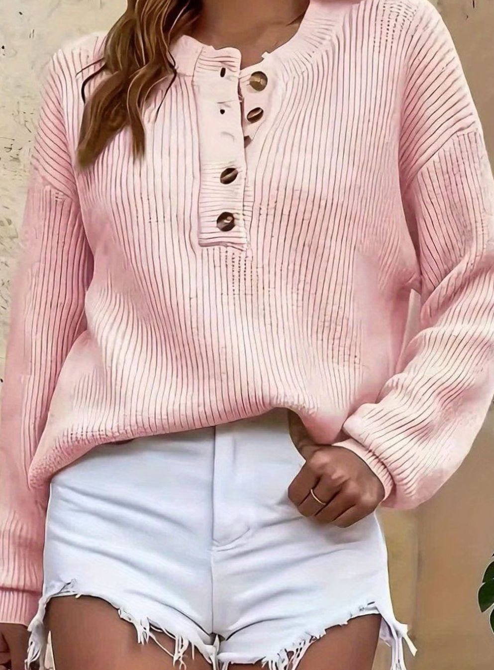 Women's Ribbed Henley Button-Neck Long Sleeve Sweater