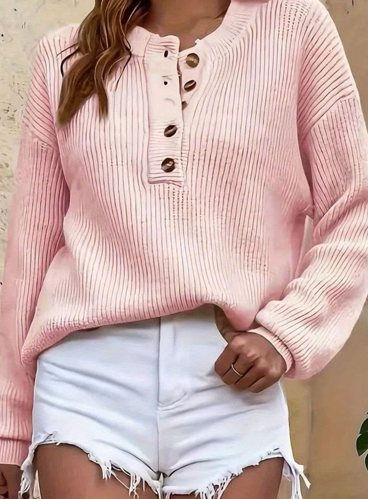 Women's Ribbed Henley Button-Neck Long Sleeve Sweater