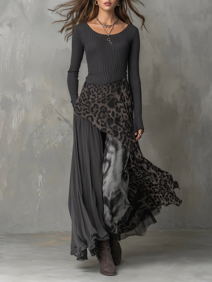 Women's Ribbed Knit Leopard Print Maxi Long Sleeve Dress Irregular Hem - Gray