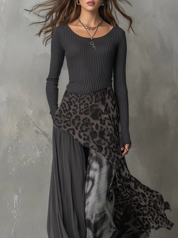 Women's Ribbed Knit Leopard Print Maxi Long Sleeve Dress Irregular Hem