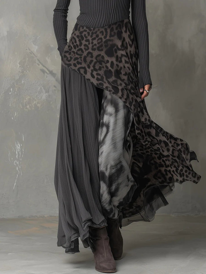 Women's Ribbed Knit Leopard Print Maxi Long Sleeve Dress Irregular Hem