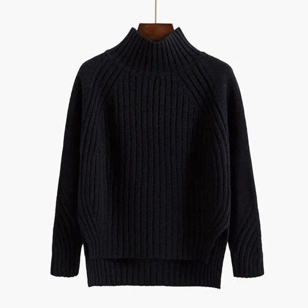 Women's Ribbed Knit Mock-Neck Long Sleeve Sweater - Black
