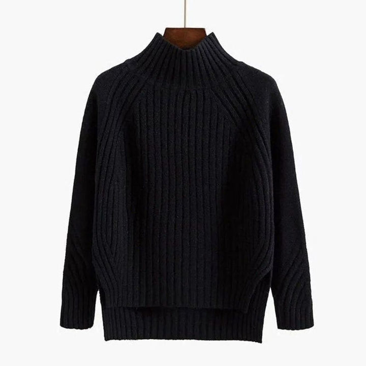 Women's Ribbed Knit Mock-Neck Long Sleeve Sweater - Black