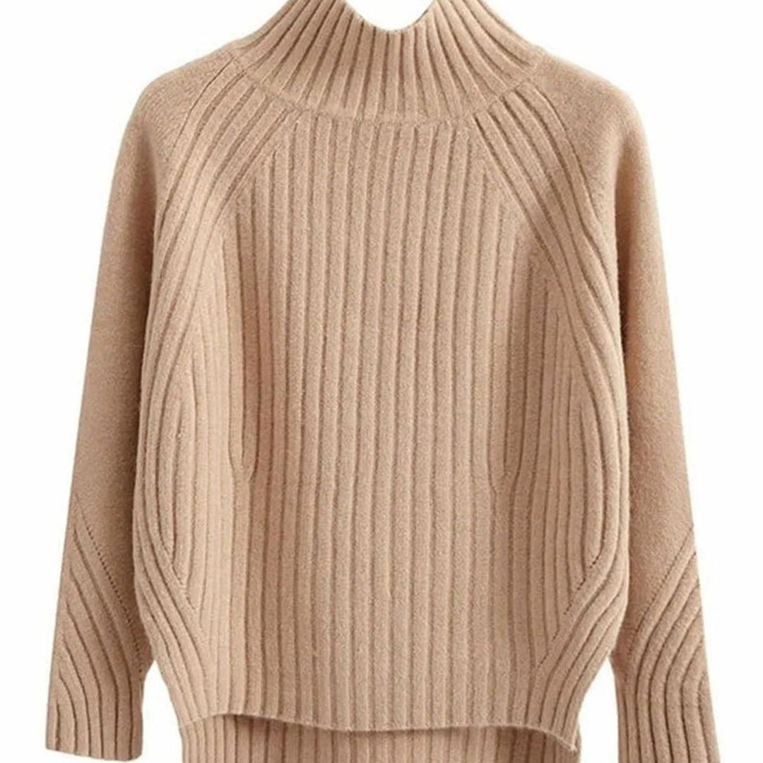 Women's Ribbed Knit Mock-Neck Long Sleeve Sweater - Khaki