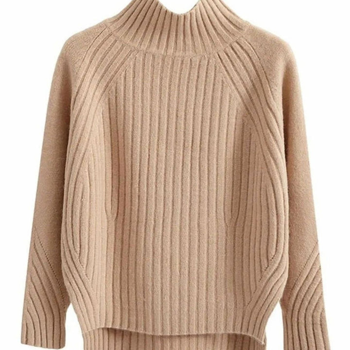 Women's Ribbed Knit Mock-Neck Long Sleeve Sweater - Khaki