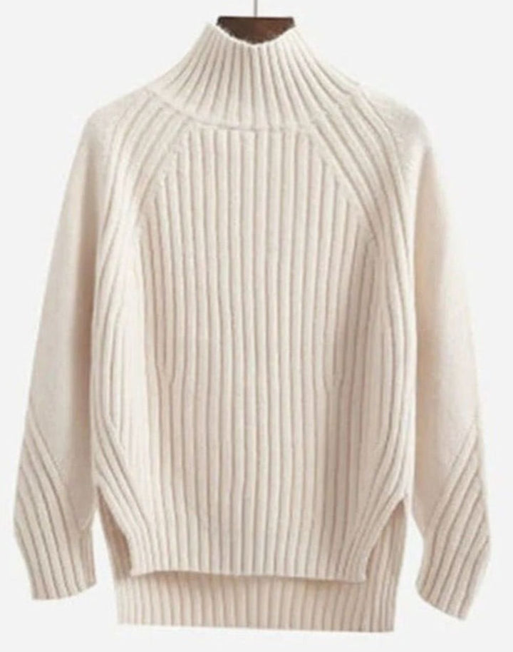 Women's Ribbed Knit Mock-Neck Long Sleeve Sweater - Beige