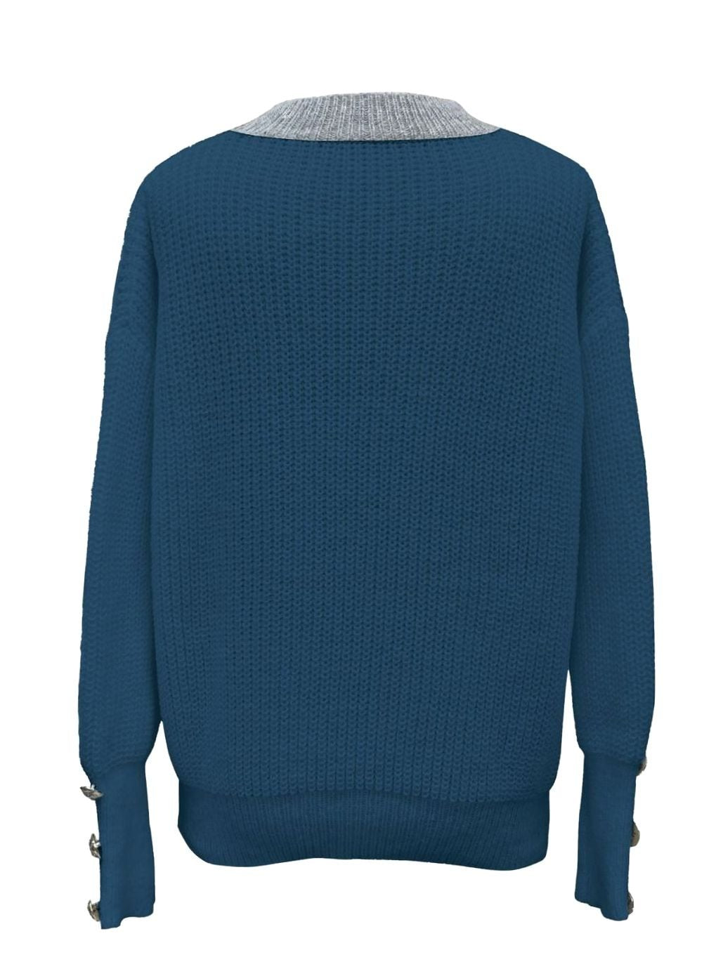 Women's Ribbed Knit V-Neck Button-Trim Long Sleeve Pullover
