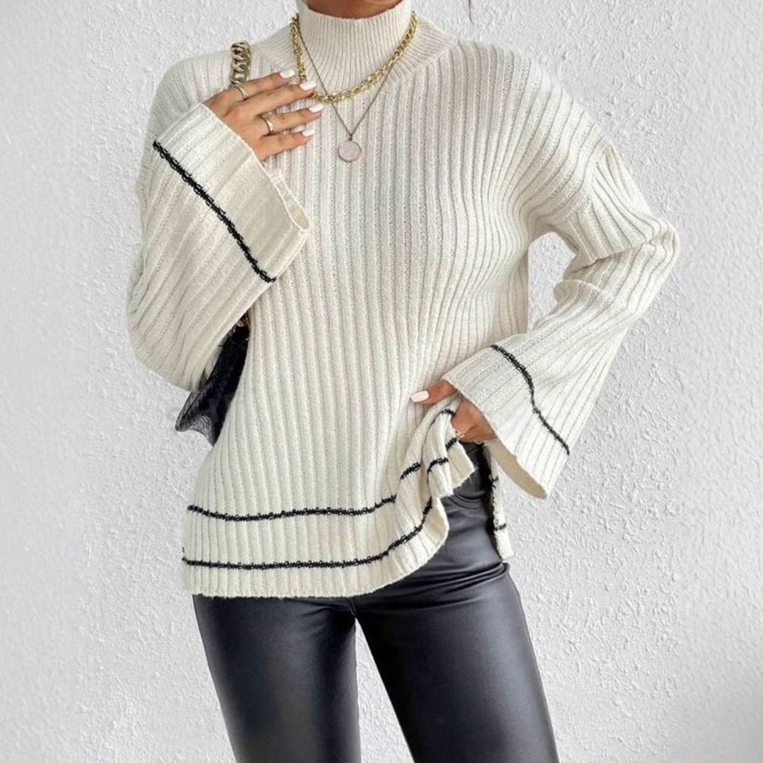 Women's Ribbed Mock-Neck Flare-Sleeve Striped Knit Sweater