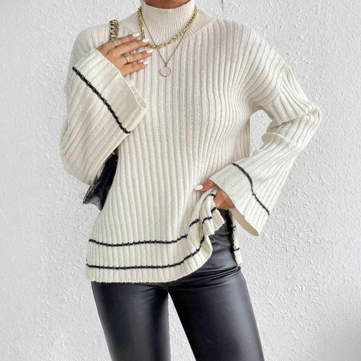 Women's Ribbed Mock-Neck Flare-Sleeve Striped Knit Sweater