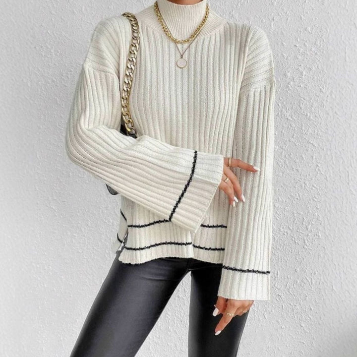 Women's Ribbed Mock-Neck Flare-Sleeve Striped Knit Sweater