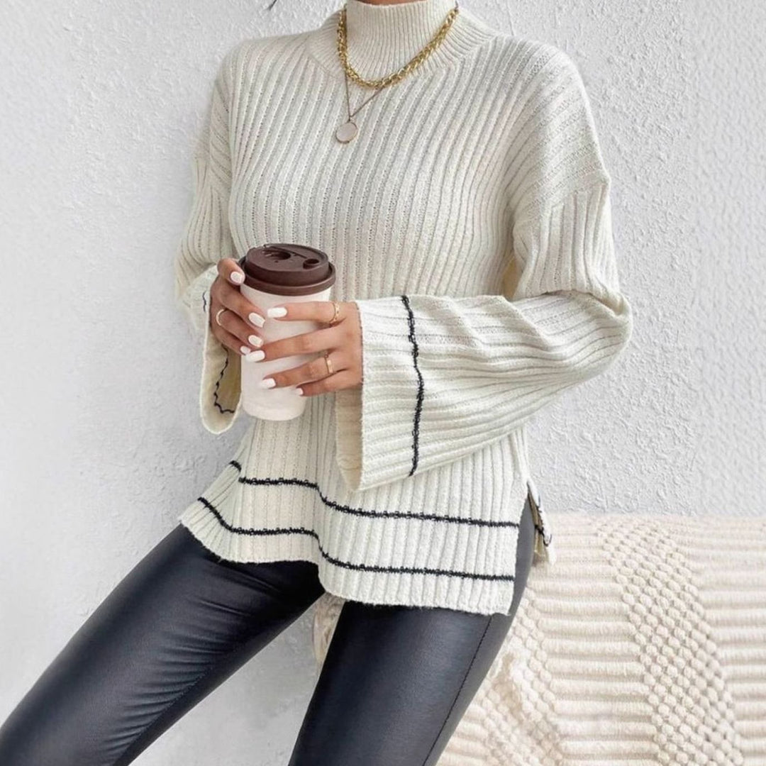 Women's Ribbed Mock-Neck Flare-Sleeve Striped Knit Sweater