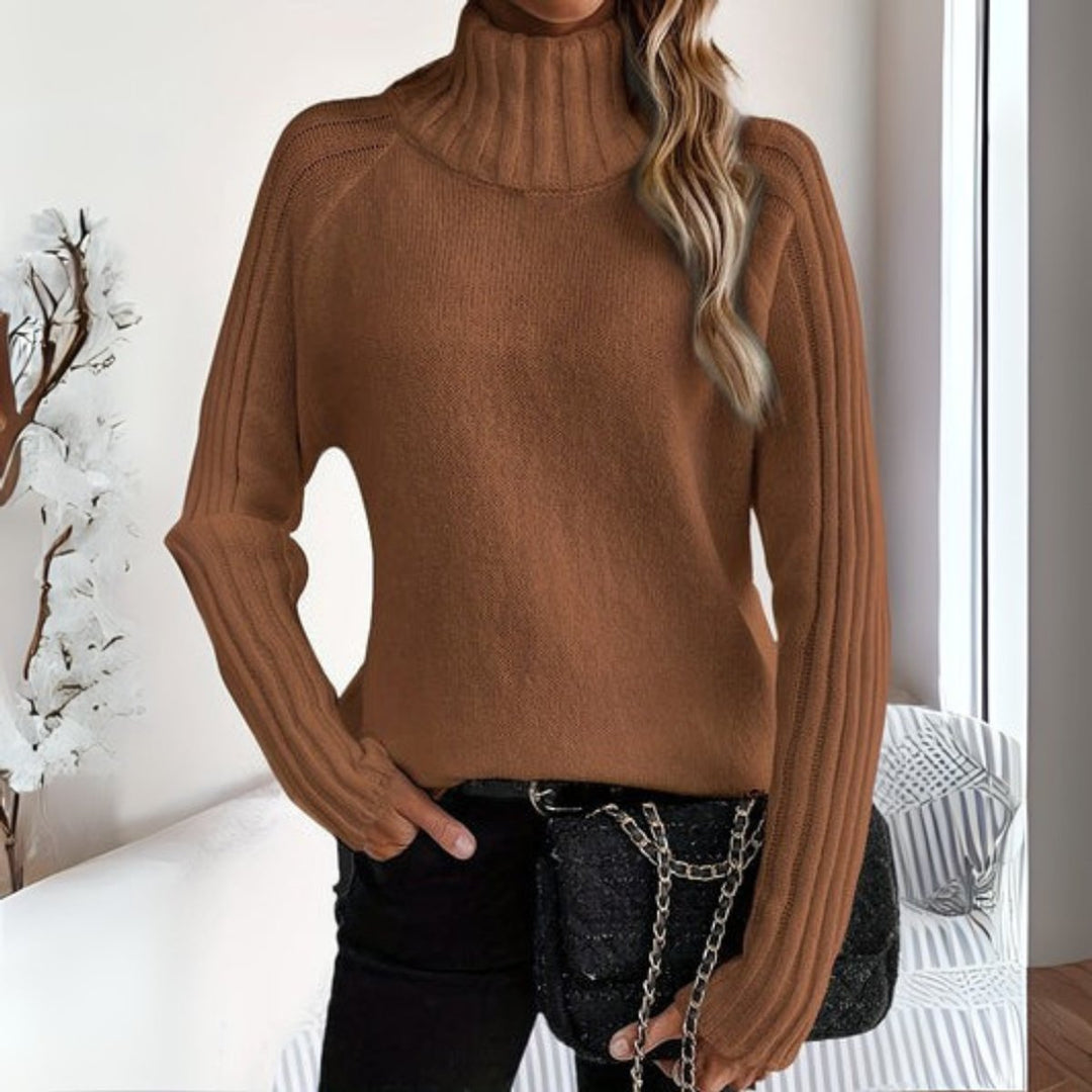Women's Ribbed Raglan-Sleeve Turtleneck Sweater - Brown