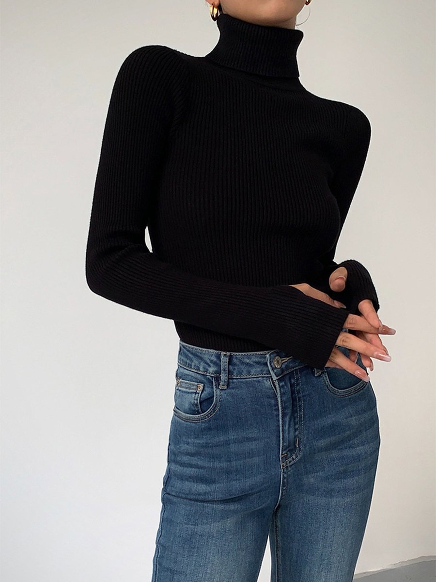 Women's Ribbed Turtleneck Lightweight Knit Sweater - Black