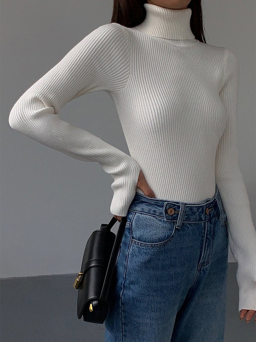 Women's Ribbed Turtleneck Lightweight Knit Sweater - White