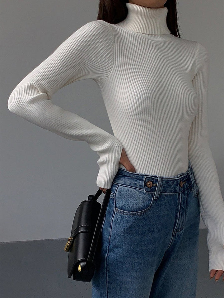 Women's Ribbed Turtleneck Lightweight Knit Sweater - White