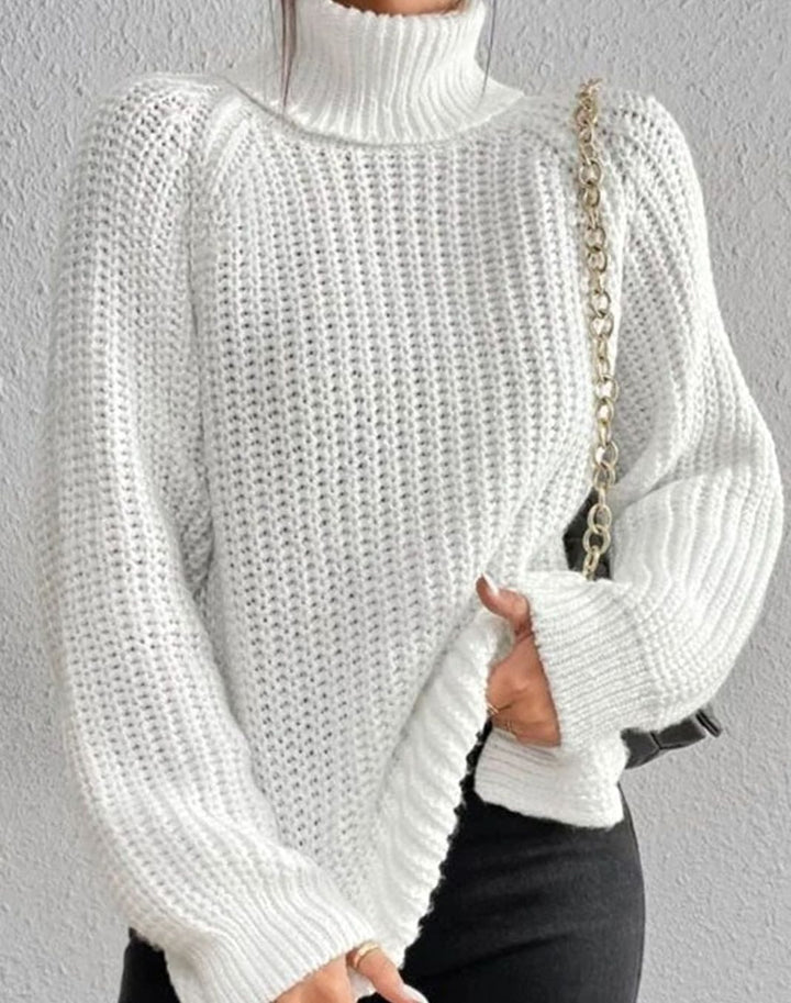 Women's Ribbed Turtleneck Long-Sleeve Knit Sweater - White