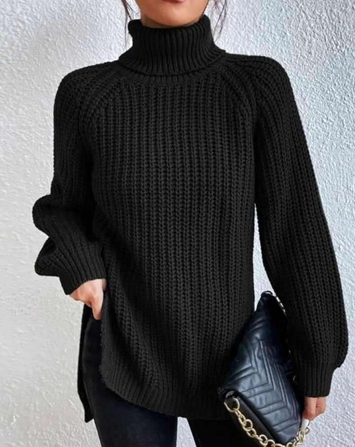 Women's Ribbed Turtleneck Long-Sleeve Knit Sweater - Black