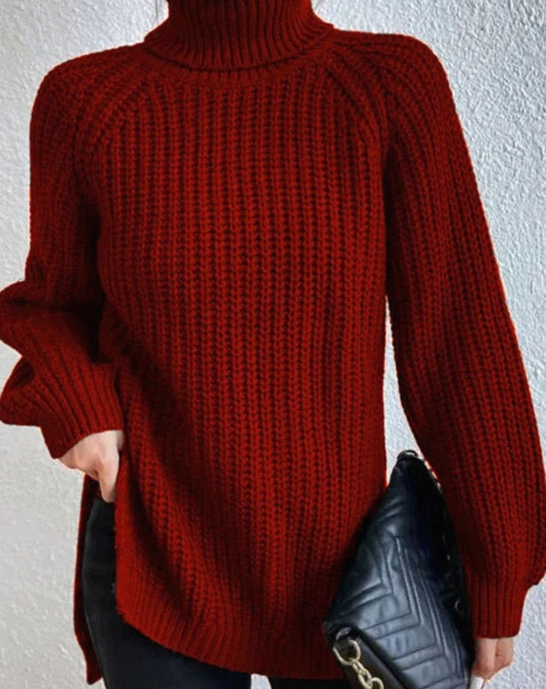 Women's Ribbed Turtleneck Long-Sleeve Knit Sweater - Burgundy