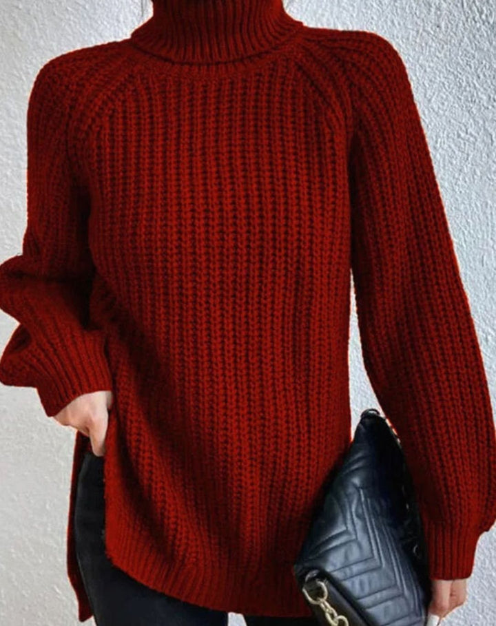 Women's Ribbed Turtleneck Long-Sleeve Knit Sweater - Burgundy