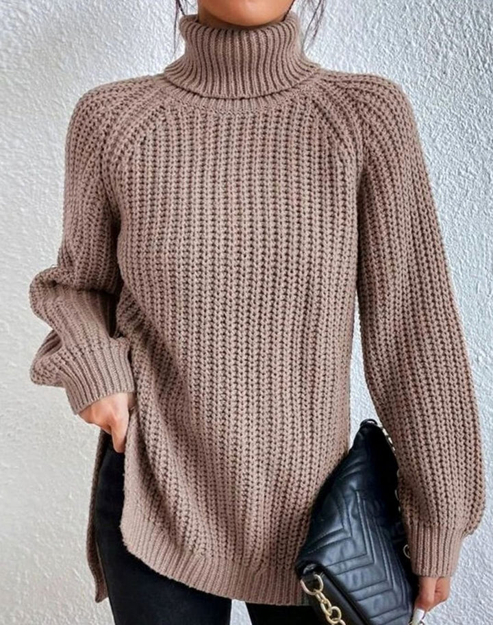 Women's Ribbed Turtleneck Long-Sleeve Knit Sweater - Khaki