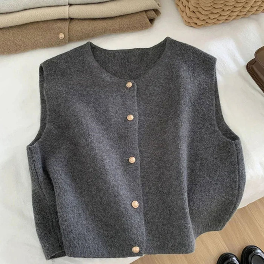 Women's Round-Neck Button-Front Knit Sleeveless Casual Vest - Grey