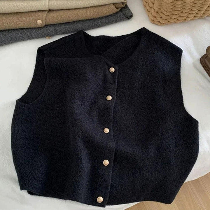 Women's Round-Neck Button-Front Knit Sleeveless Casual Vest - Black