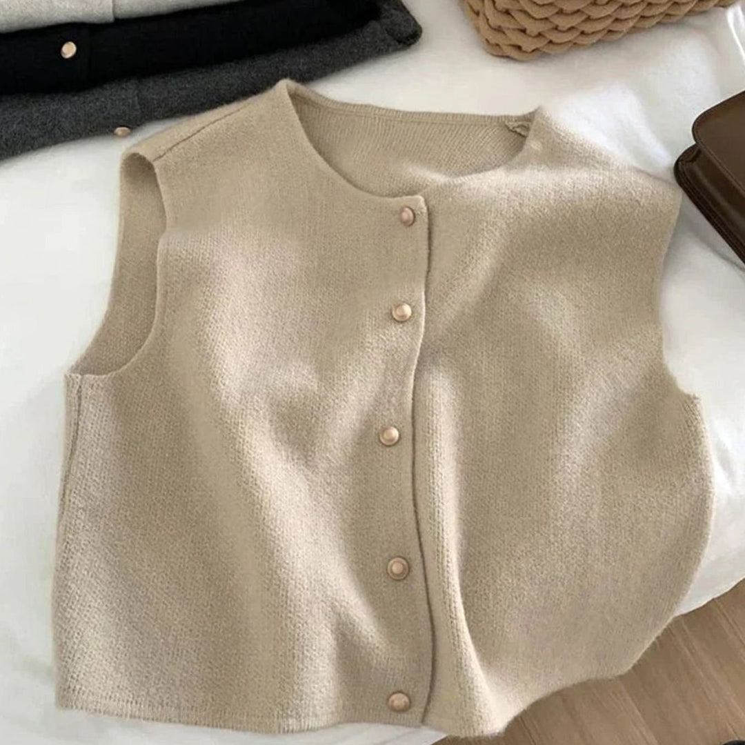 Women's Round-Neck Button-Front Knit Sleeveless Casual Vest - Apricot