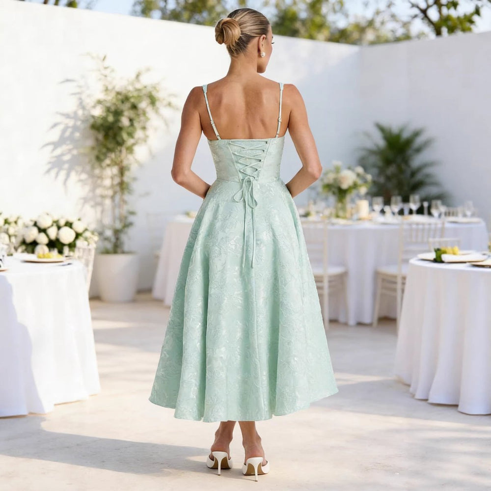 Women's Ruched Bustier Jacquard Midi Cocktail Dress Flared Skirt