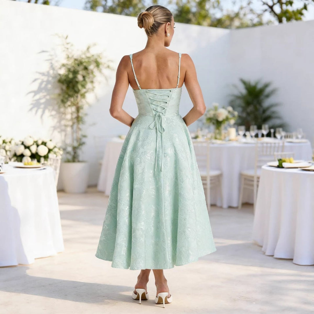 Women's Ruched Bustier Jacquard Midi Cocktail Dress Flared Skirt